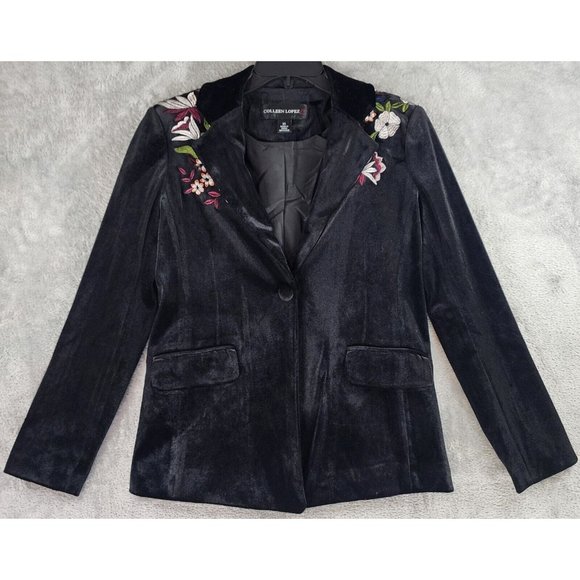Colleen Lopez Jacket Womens Extra Small Black Velvet Floral Embroidered Blazer - Picture 1 of 12